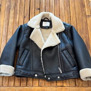 Zara Kids Black and Cream Faux Leather Jacket